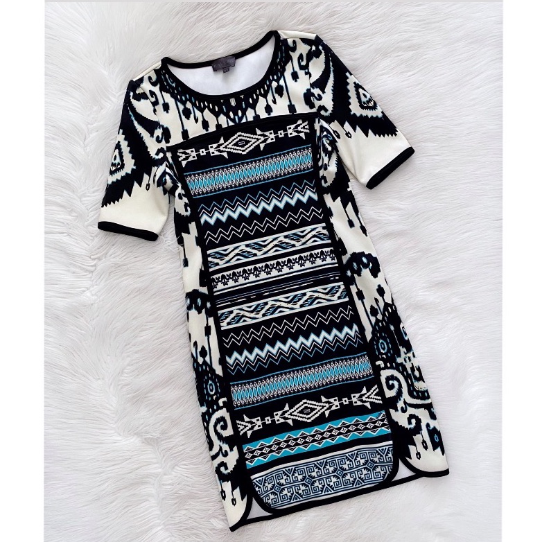 Hale Bob Neoprene Caitlin Blue Black Aztec Print Dress